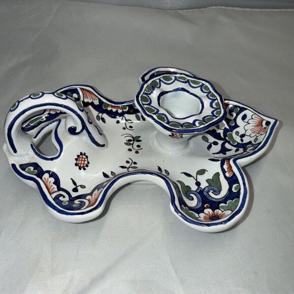 Vintage Leaf Shape Chamberstick Candle Holder Floral Hand Painted Made In France - Picture 4 of 7